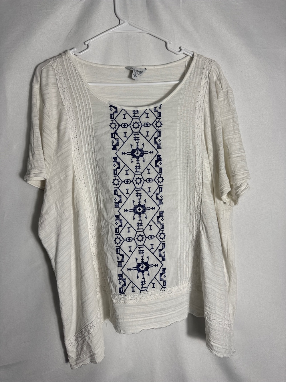 Lucky Brand White Boho Knit Tee with Blue Geometric Embroidery Panel